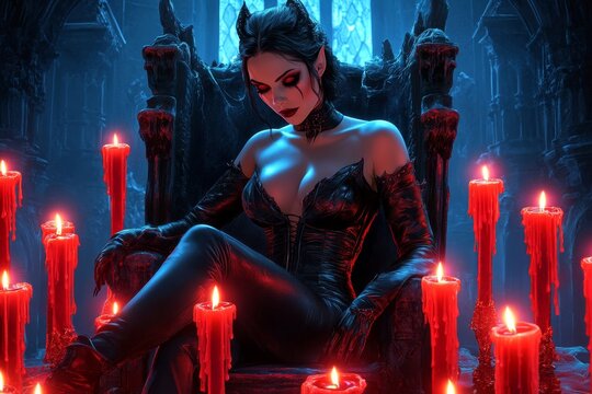 A vampire queen seated on a dark throne in an ancient, haunted crypt, surrounded by glowing red candles, in a vampire fantasy artwork illustration