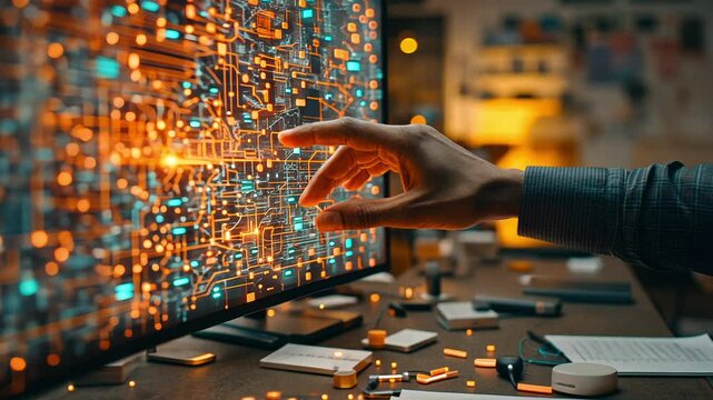 A person engages with a vibrant digital interface filled with dynamic lines and lights, showcasing the intersection of technology and creativity in a contemporary setting.