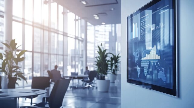 a digital screen showcasing a company announcement in a bustling office environment