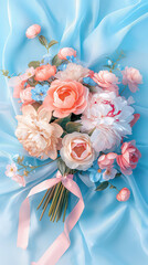 Wedding bouquet of flowers on blue satin background.
