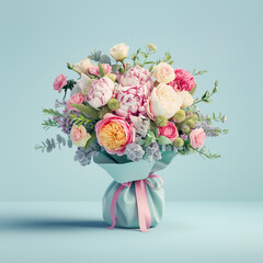 Bouquet of flowers in a vase on a blue background