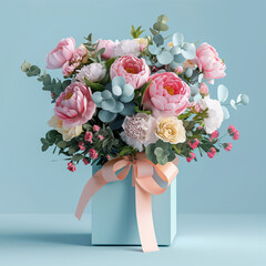Bouquet of beautiful flowers in a blue gift box on blue background.