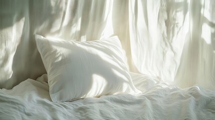 intimate closeup of a plush white pillow nestled among crisp linen sheets bathed in soft morning light filtering through sheer curtains creating a serene and inviting bedroom atmosphere