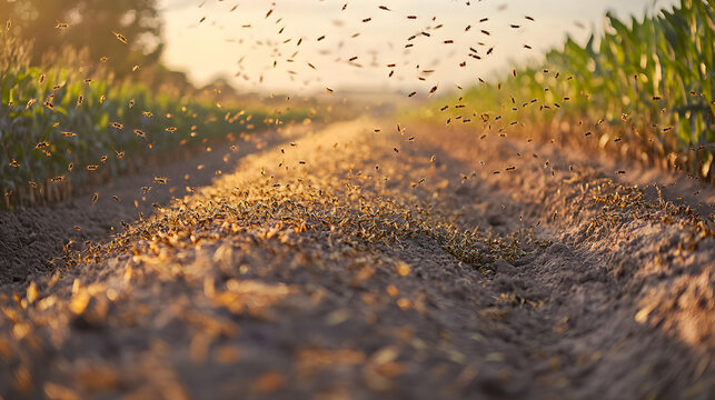 An agricultural field ravaged by locusts crops devoured.