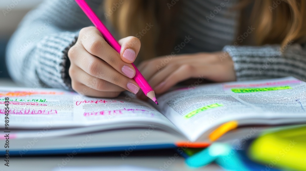 Aufkleber annotating depicted by a student highlighting and writing notes in the margins of an open textbook