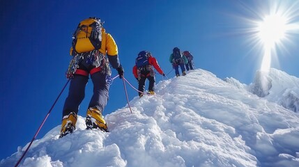 intrepid mountaineers scaling snowy peak vibrant outdoor gear contrasting against pristine white landscape team working together with ropes and equipment under crisp blue sky