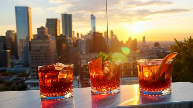 Sunset cityscape with cocktails on rooftop bar showcasing urban elegance, 4k footage