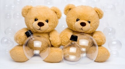 Fototapeta premium Two adorable teddy bears playfully nestled in soap bubbles, each clutching a baby bottle amidst a whimsical backdrop of floating orbs