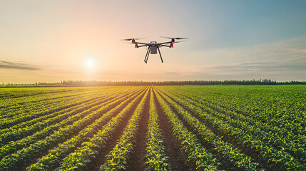 An agricultural field with autonomous drones hovering above monitoring crop health through advanced sensors and AI technology.