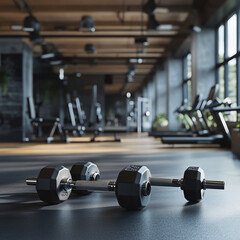 Fototapeta premium dumbbells on the floor in concept fitness room with training equipments in the back
