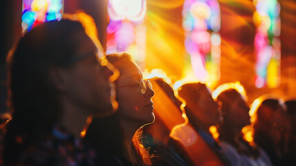 Fototapeta premium A group of worshippers bowing their heads in silent prayer, with soft rays of light filtering through stained glass windows.