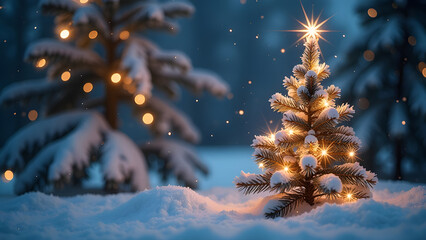 small Christmas tree in the forest decorated with garland lights shining, big fir trees in the background, sparkling snow flakes falling from top, trees covered with snow