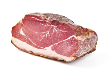 Delicious Serrano ham, cured jamon iberico, isolated on white background