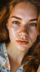 A woman with freckles on her face is looking at the camera