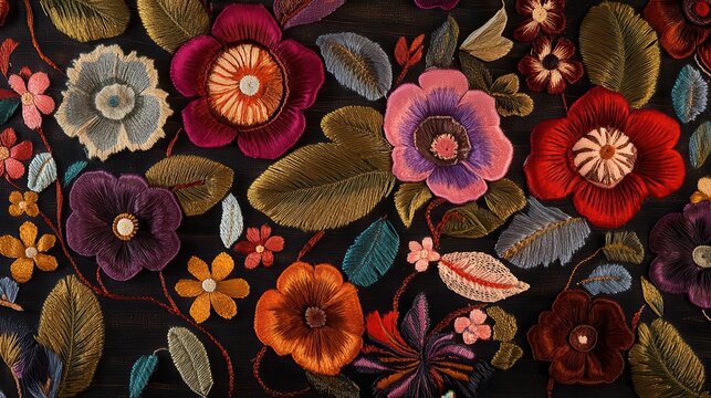 intricate floral textile pattern with richly colored blooms and leaves showcasing detailed weaving techniques closeup view highlights the artisanal craftsmanship