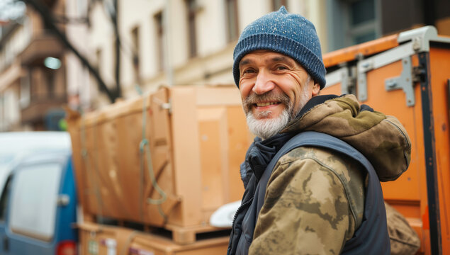 A man standing in front of a truck with boxes on the back of it