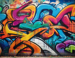 Urban street art displayed in a bright, smooth pattern of multicolored graffiti art laid over a concrete wall that has deteriorated.