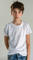 Obraz premium A young boy wearing a white t-shirt and jeans poses for a picture