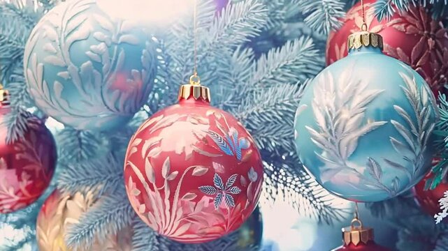 Video Christmas New Years ornament blue and pink balls hanging swinging on fir tree branches. Template with copy space
