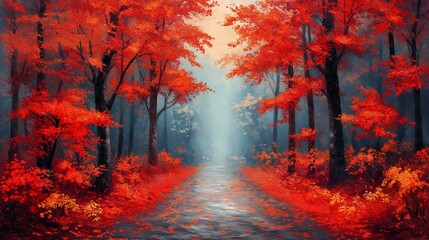 Autumn forest with vivid red foliage and a misty path leading into the distance. The contrast of deep reds and cool mist creates a surreal, dreamlike scene