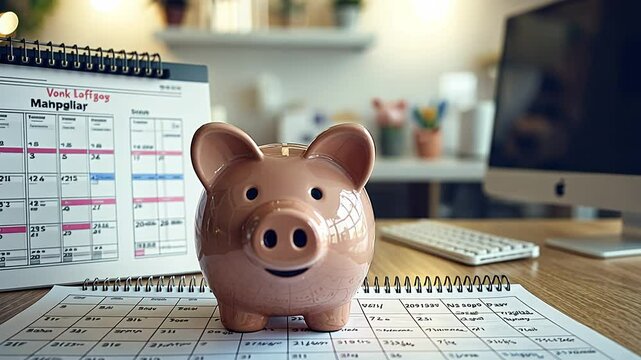 A piggy bank sits atop a calendar in a well-organized workspace, illustrating financial planning and saving habits while highlighting budgeting practices. - Powered by Adobe