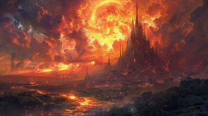 Fototapeta premium A painting of a forest fire with a lot of smoke and fire