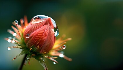 A single dewdrop rests on a pink flower bud.