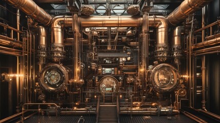 intricate steampunkinspired building infrastructure brass pipes and gears interwoven with futuristic holographic displays creating a blend of vintage and hightech aesthetics