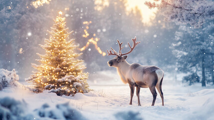 Enchanting winter scene with a reindeer standing beside a glowing Christmas tree in a snow-covered forest, surrounded by soft twinkling lights, creating a magical holiday atmosphere