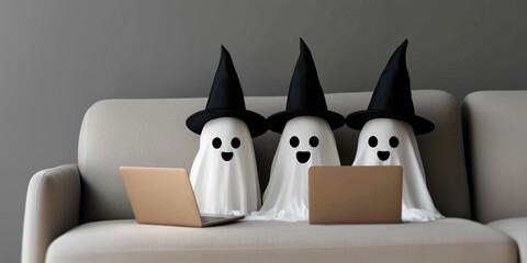 Three friendly ghosts dressed in witch hats sit on a modern couch,engaging with a laptop. The scene captures a fun and lighthearted Halloween vibe with a digital twist,perfect for a spooky movie night