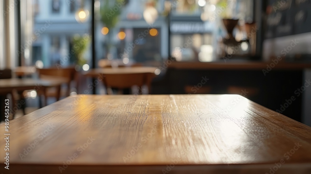 Poster empty cafe setting featuring a wooden table top in the foreground captured in a defocused style