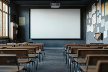Classroom interior with empty desks and a blank projection screen in a modern setting.