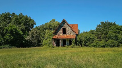 Obraz premium Abandoned house in a meadow surrounded by lush greenery and vibrant grass under a clear blue sky