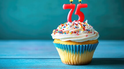 Cupcake topped with a birthday candle featuring the number 75 set against a vibrant blue background