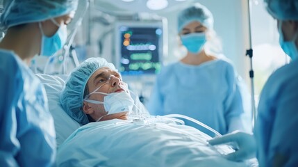 a patient waking up post-surgery, surrounded by caring nurses in a recovery room