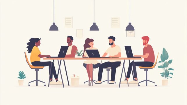 Coworking space with people sitting at the table. Male and female freelancers sitting at computers. Business team working together at the big desk using laptops. Colleagues in office flat vector illus