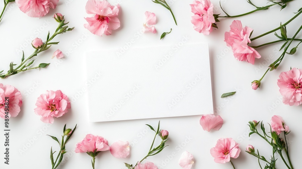 Poster fresh pink flowers with a blank white card minimal spring concept for an invitation or greeting card