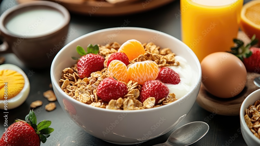 Wall mural bowl of cereal with strawberries and milk accompanied by fresh coffee orange juice and an egg ideal 