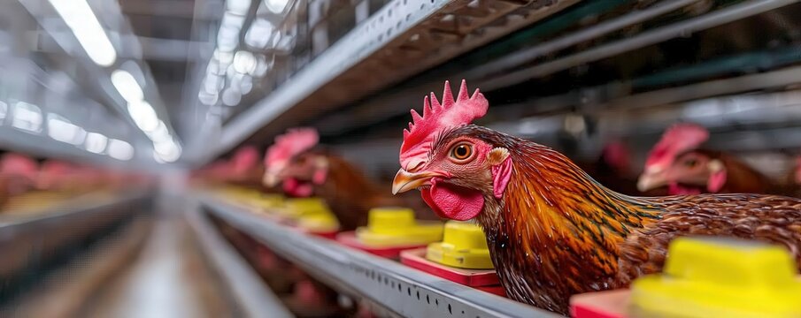 Chickens in a modern poultry farm, showcasing healthy birds in a clean environment with feeding equipment.