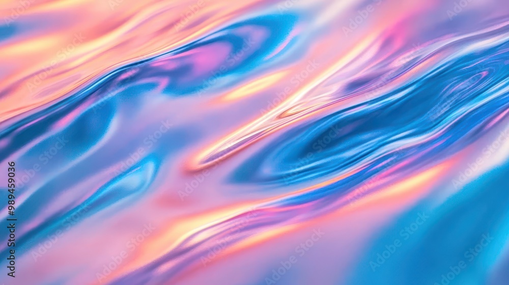 Aufkleber iridescent holographic wave undulating across a gradient background shifting from cool blues to warm