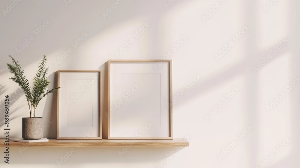Aufkleber empty photo frames arranged on a floating shelf with a potted plant showcasing a stylish room decor 
