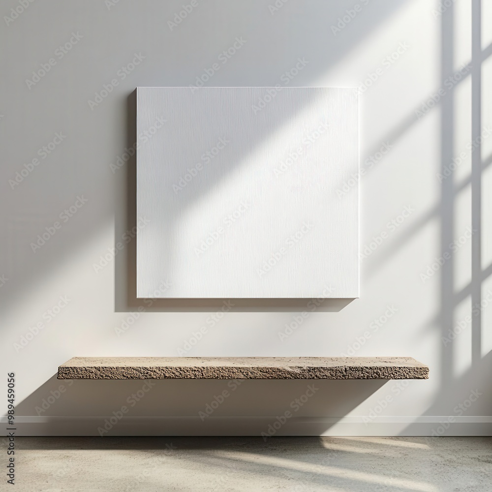 Poster blank canvas on a wooden shelf with soft shadows and light patterns.