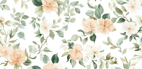 Watercolor pastel-colored vintage floral pattern, white background