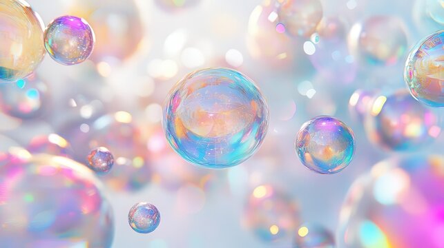 iridescent orb constellation mesmerizing array of colorful translucent spheres suspended in white void creating abstract futuristic composition of light and form