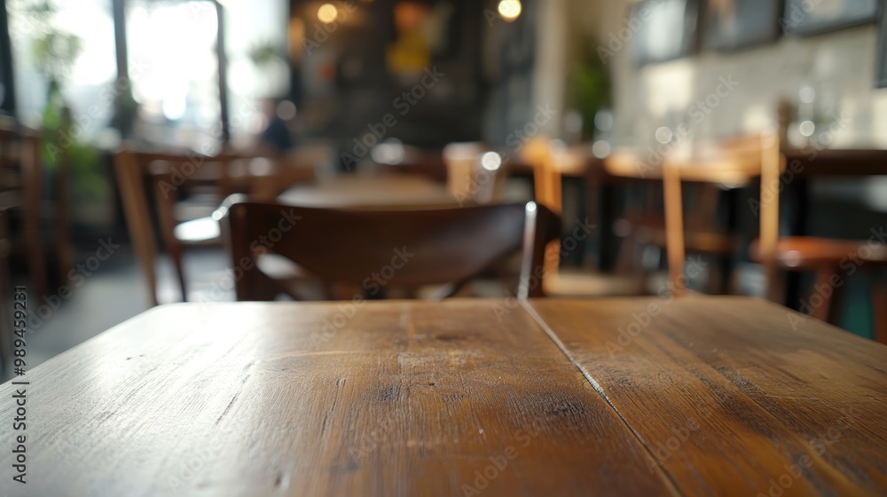 Poster empty cafe setting featuring a wooden table top in the foreground captured in a defocused style