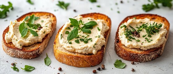 Delicious toasted bread topped with creamy spread and fresh herbs, perfect for appetizers or snacks.