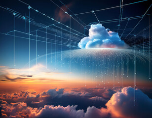 Obraz premium Digital clouds and data overlays over a sky background represent artificial intelligence (AI)-powered climate modeling and weather forecasting.