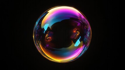 iridescent soap bubble floating in sunlight rainbow colors swirling on surface delicate transparency dark background for contrast