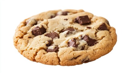 irresistible treat perfect chocolate chip cookie isolated on pure white goldenbrown edges with gooey center generous chunks of rich chocolate mouthwatering detail captures texture and aroma