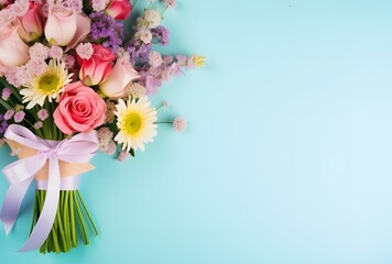 Obraz premium Floral Bouquet and Gift Box on Blue Background